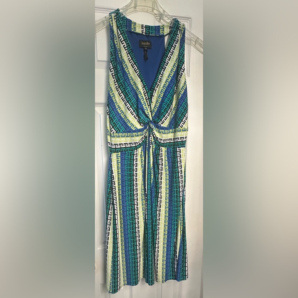 Laundry By Shelli Segal Blue, Green, Yellow Geometric Trim Dress